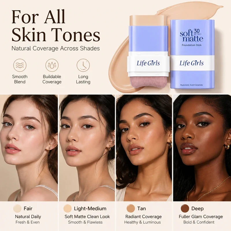 2 in 1 SPF30 Foundation Stick with Built-in Brush Soft Matte Full Coverage Waterproof Long Wear Concealer Makeup Base