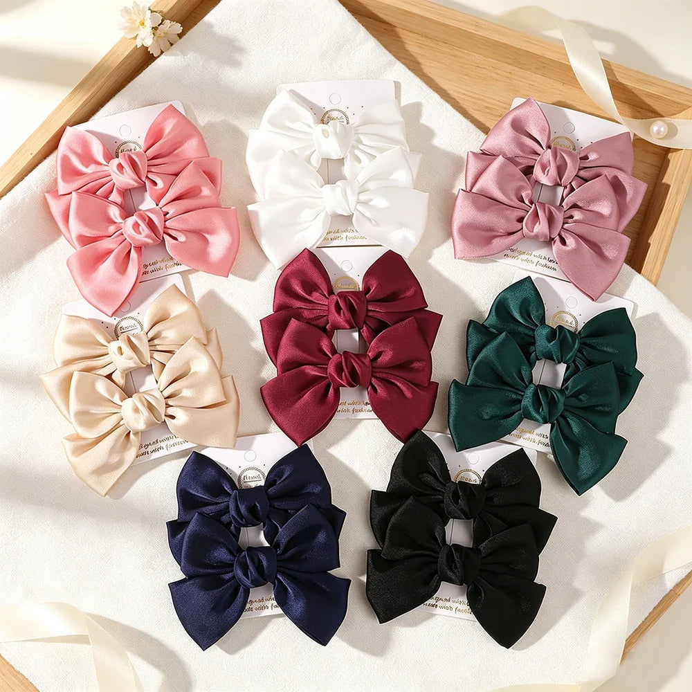 2PCS Matte Satin Large Bow Pair Hair Clips Solid Color Big Bow Barrettes Girls Wedding Birthday Party Daily Dress‑up Headdress