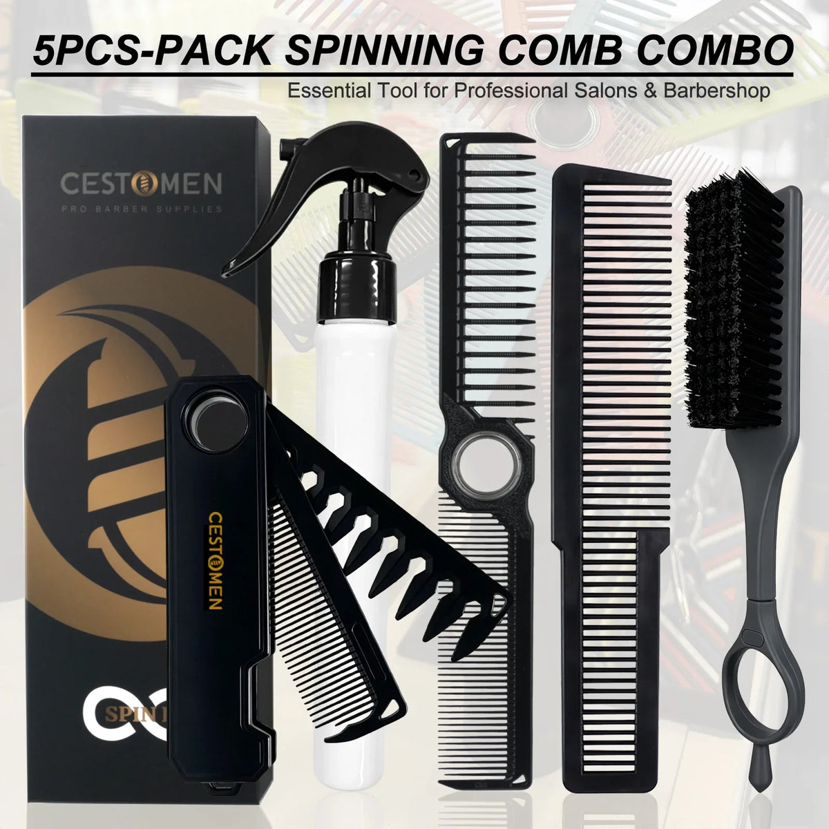 5PCS/Set Pro Barber Fine Mist Spray Bottle Spining Dual-Side Tooth Folding Haircut Comb Duster Hair Cleaning Brush Styling Tools