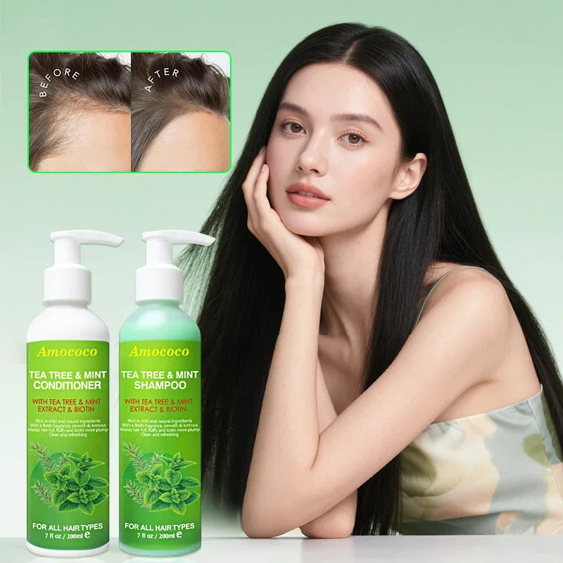 Amococo 2pcs X 200ml Tea Tree Shampoo and Conditioner Set with Mint Biotin Refreshing Scalp Care Hair Care Duo Volumizing Smooth Hair Formula for All Hair Types