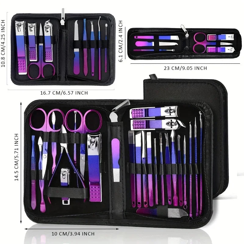 6/9/18/26/30pcs Manicure Set, Stainless Steel Gradient Professional Pedicure Kit Nail Scissors Grooming Kit With Travel Case