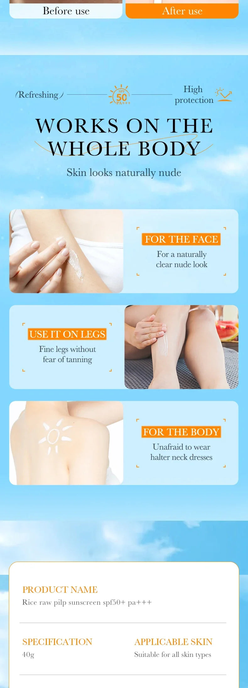 BIOAOUA Rice Puree Sunscreen SPF50+-PA+++ Isolating UV Protection, Waterproof, Suitable for Face, Neck, Body Sunscreen Lotion
