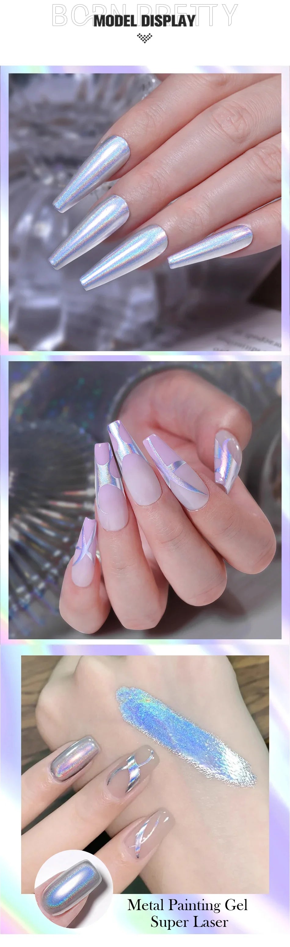 BORN PRETTY Super Holos Metallic Painting Nail Gel for Nails Soak Off Holographics Laser Gel Polish Gold Silver Paint Gel 5ml