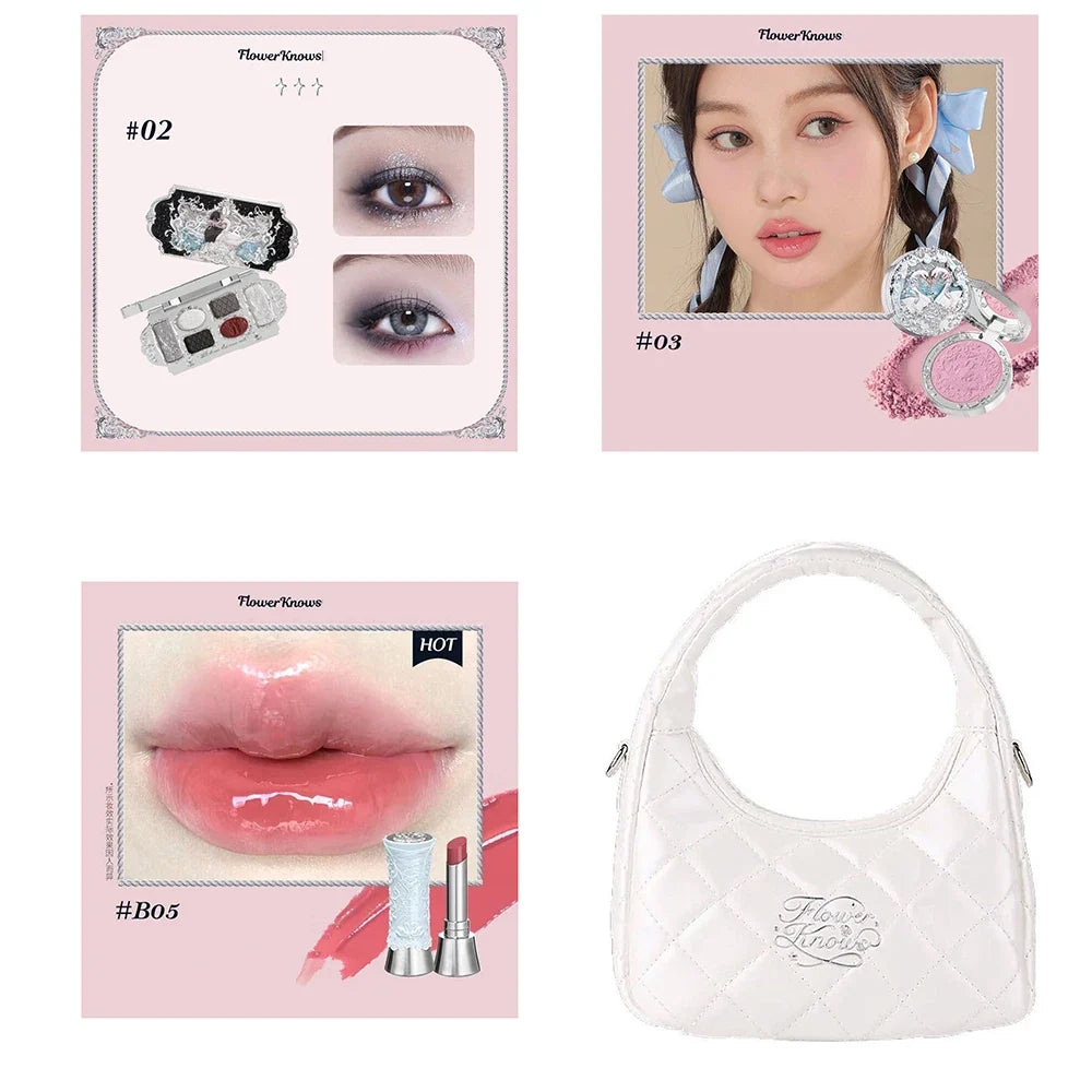 Flower Knows All In One Makeup Set Gift Box Garden Cushion Cream Foundation Matte Blush Long Lasting Velvet Lip Cream With Bag