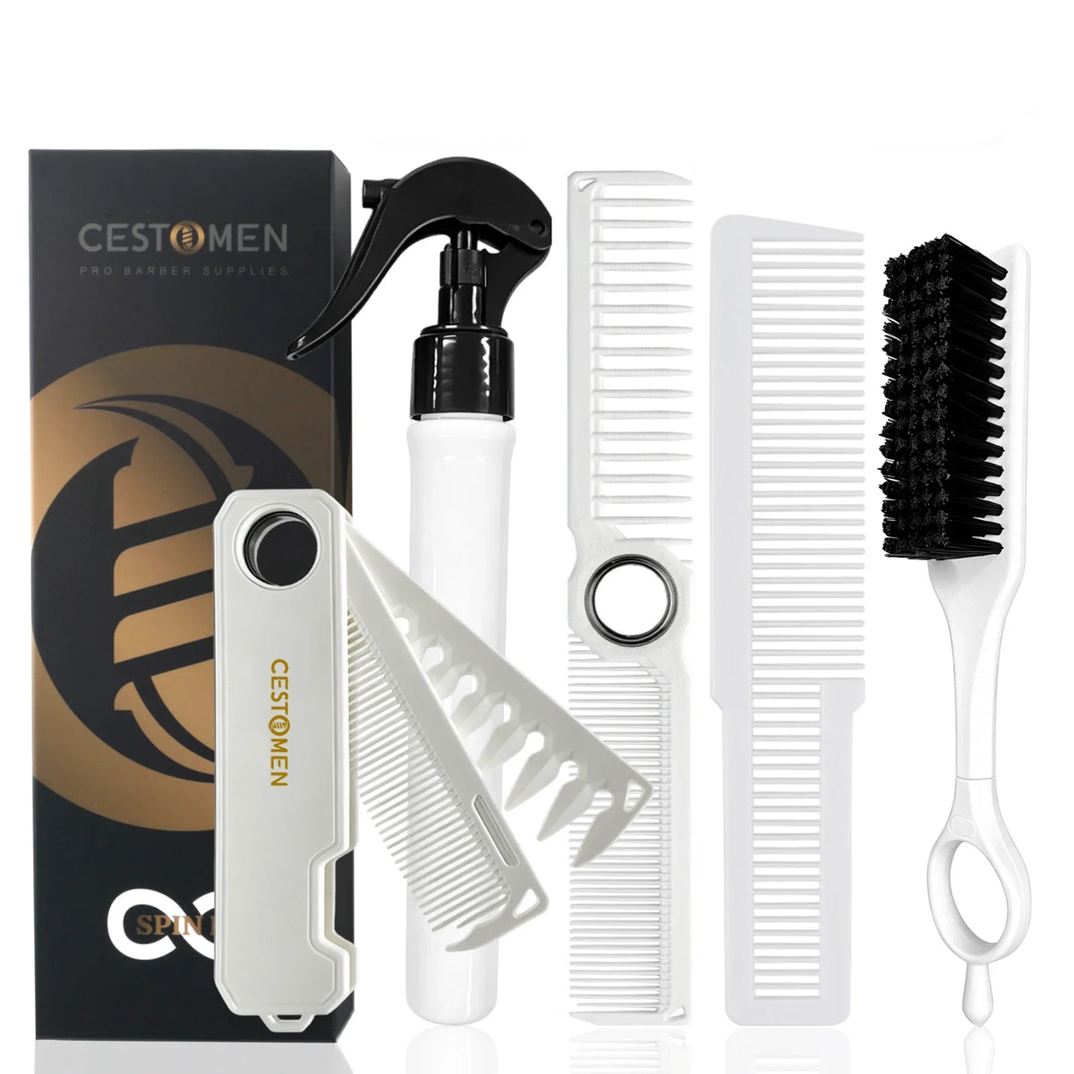 5PCS/Set Pro Barber Fine Mist Spray Bottle Spining Dual-Side Tooth Folding Haircut Comb Duster Hair Cleaning Brush Styling Tools