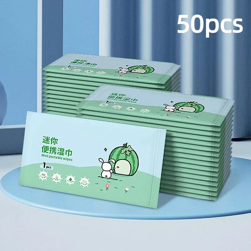 50pcs mini portable wet wipes, individually packaged, disposable baby hand and mouth cleaning wet wipes