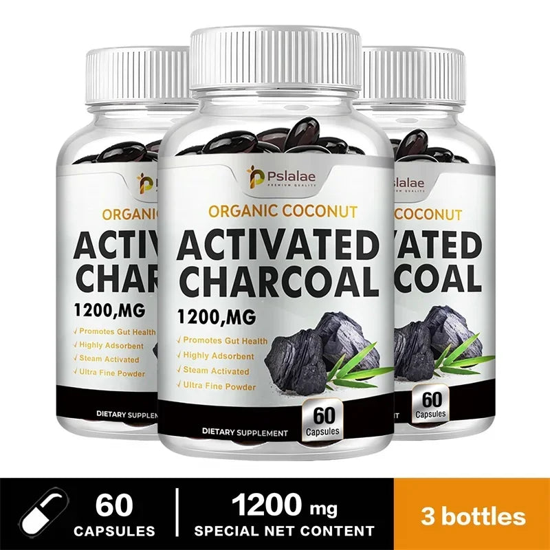 Activated Charcoal Capsules 1,200 Mg - Organic Coconut Shell, Helps Relieve Gas & Bloating, Detox & Bowel, Digestive Supplement