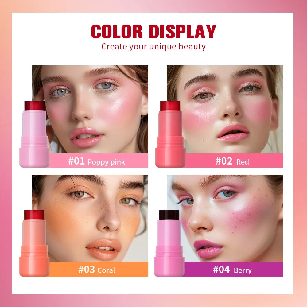 3 IN 1 Blusher Stick Long Lasting Waterproof Non-Sticky Matte Blush Eyeshadow Lip Universal Jelly Tint Stick Matte Contour Makeu