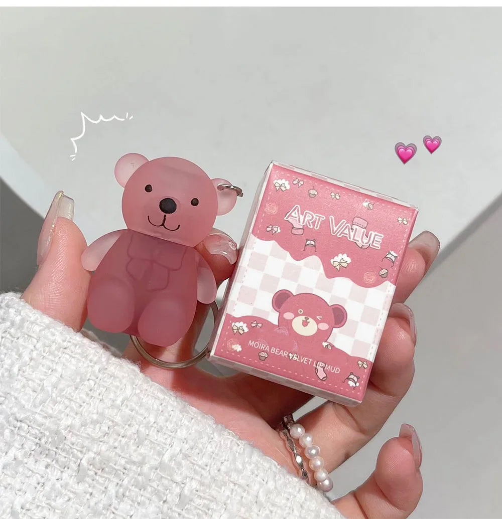 Cute Bear Velvet Lip Mud Keychain Matte Nude Red Lip Gloss Autumn Winter Non-stick Cup Lipstick Waterproof Lasting Lips Makeup