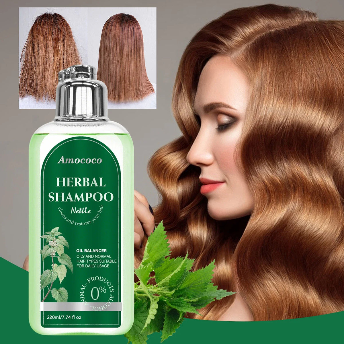 Amococo 3pcs Nettle Shampoo 220ml Each Oil Balancing Daily Hair Cleanser for Oily Normal Hair Purifying Scalp Care Gentle Formula