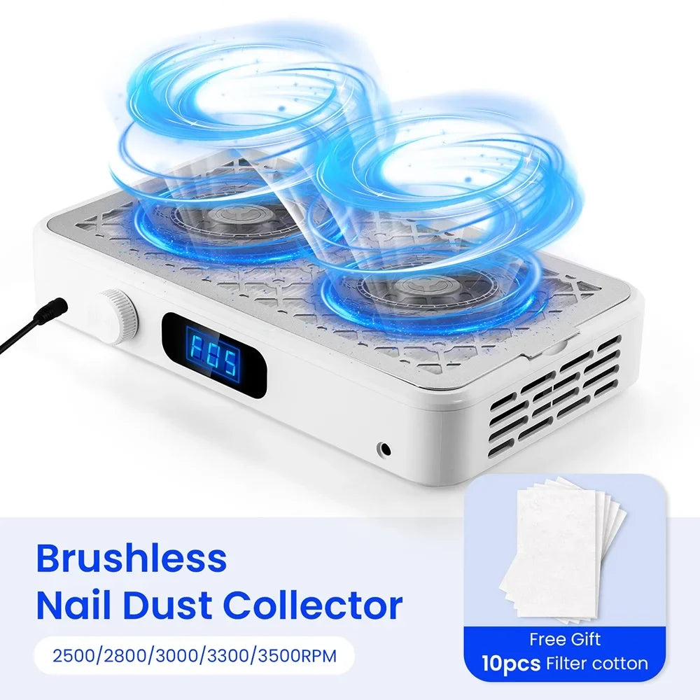 2500/2800/3000/3300/3500rpm Speed Adjustable Brushless Nail Dust Extractor Powerful Twin Turbo Vacuum Nail Dust Collector