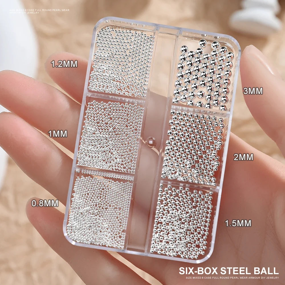 6 Grids Silver Steel Micro Beads Nail Art Decoration, Mixed Sizes-0.6mm 0.8mm 1.0mm, Nail Rhinestones Caviar Beads Nail Supplies