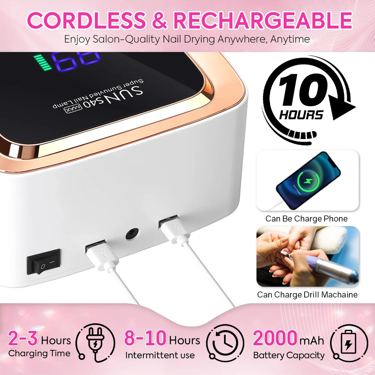 Cordless UV/LED Nail Lamp (57 Beads) – 3-Timer Settings, Detachable Base & 2000mAh Rechargeable Battery