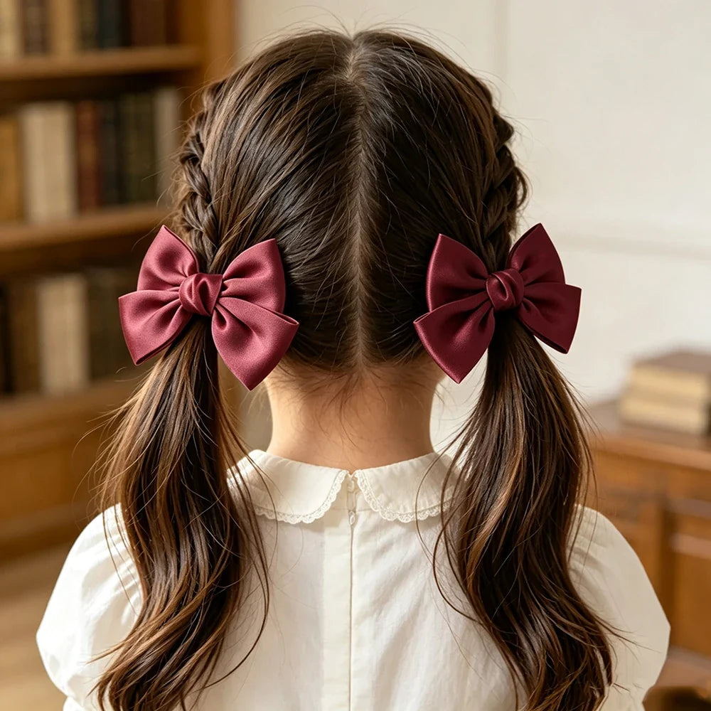 2PCS Matte Satin Large Bow Pair Hair Clips Solid Color Big Bow Barrettes Girls Wedding Birthday Party Daily Dress‑up Headdress