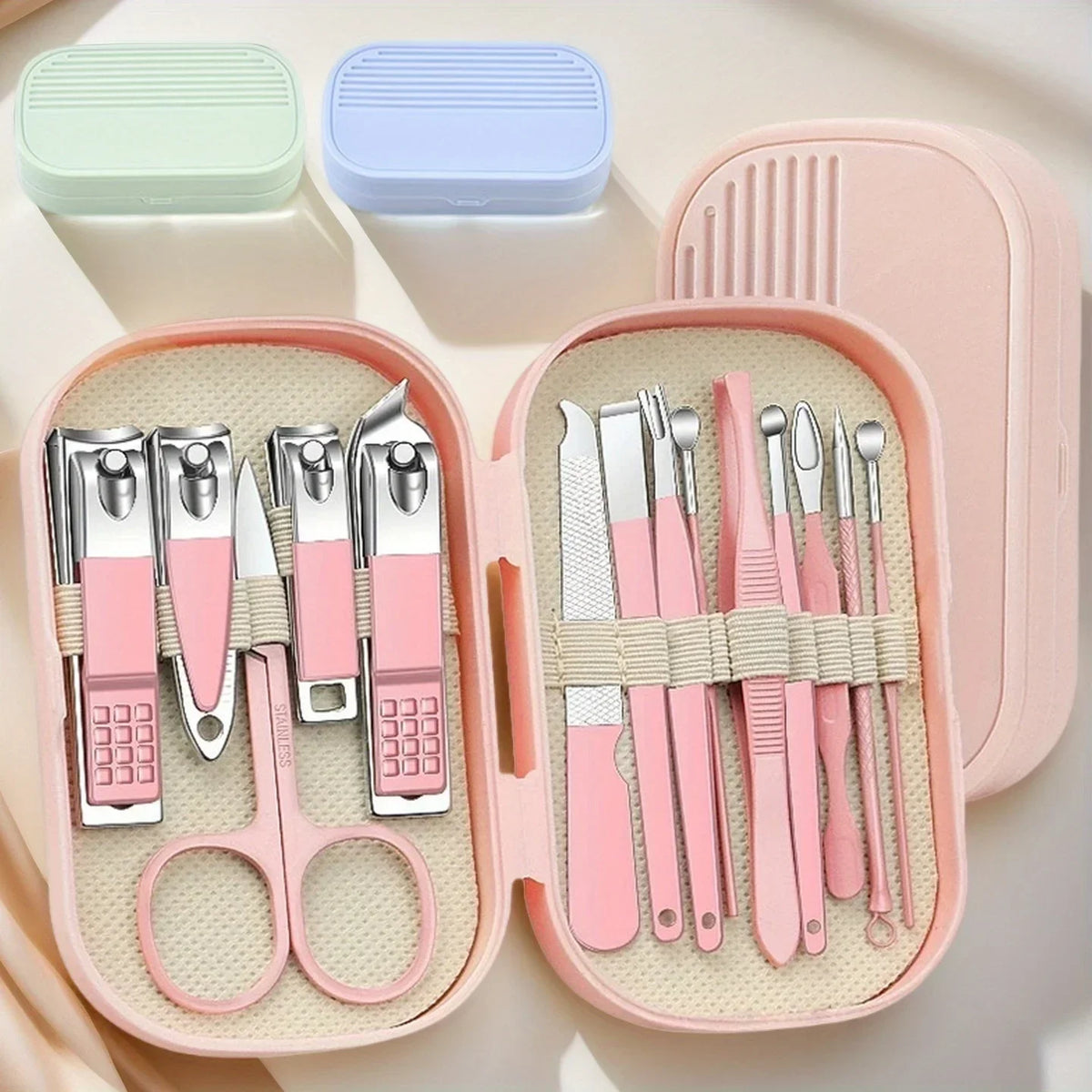 14 Piece Deluxe Nail Care Kit Pink & Blue Stainless Steel Manicure & Pedicure Set with Nail Scissors Clippers Ear Digging Spoon