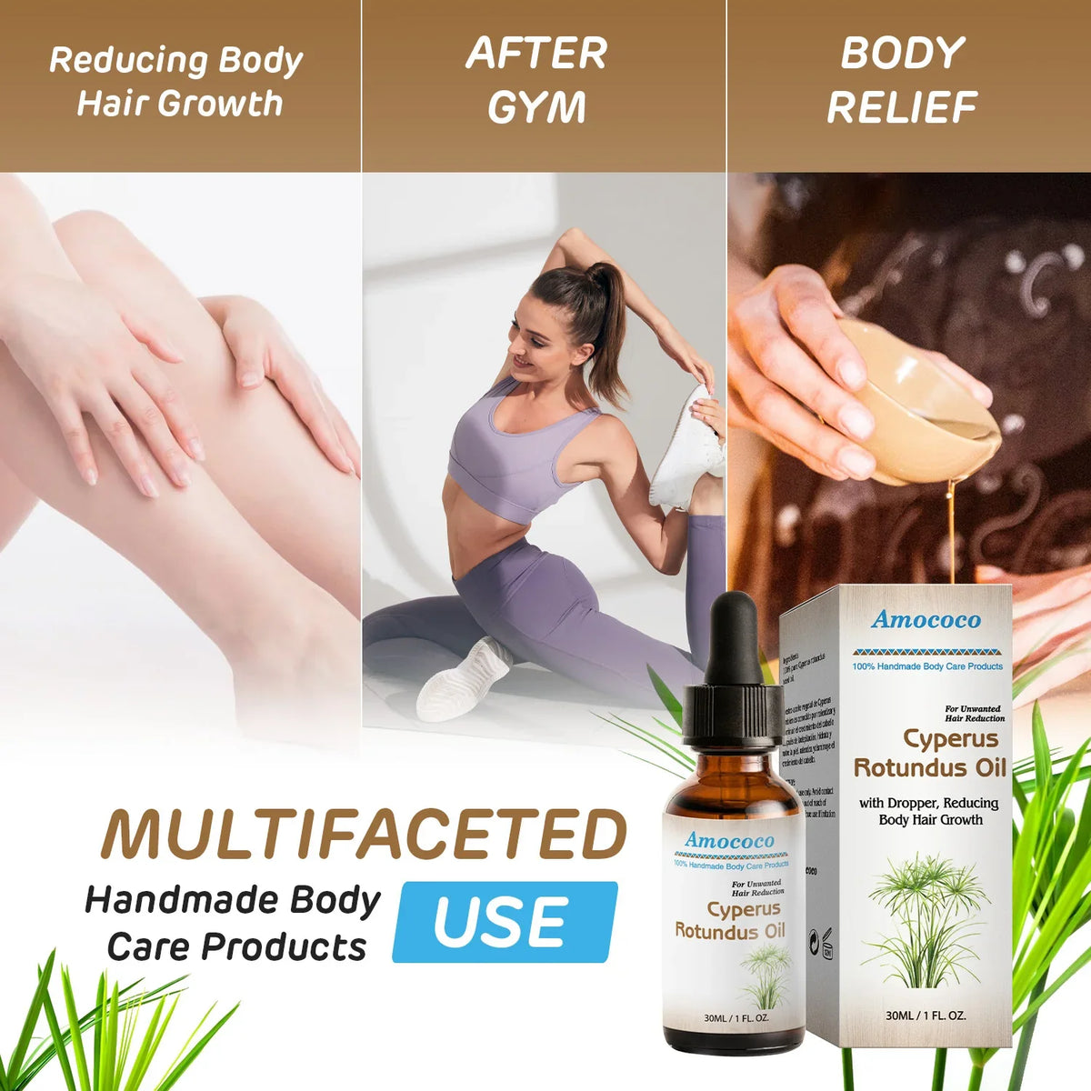 Amococo 3/6pcs Cyperus Rotundus Oil 30ml Natural Body Face Moisturizing Oil with Dropper Helps Soothe Skin After Hair Removal Non-Greasy Hydrating Serum