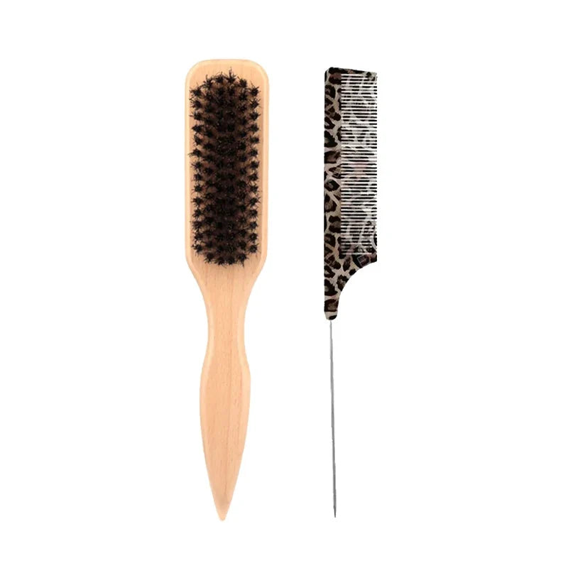 1/2Pcs Boar Bristle Hair Brush Leopard Print Pin Tail Comb Set Wooden Hair Brush Smoothing Teasing and Hair Styling Salon Use