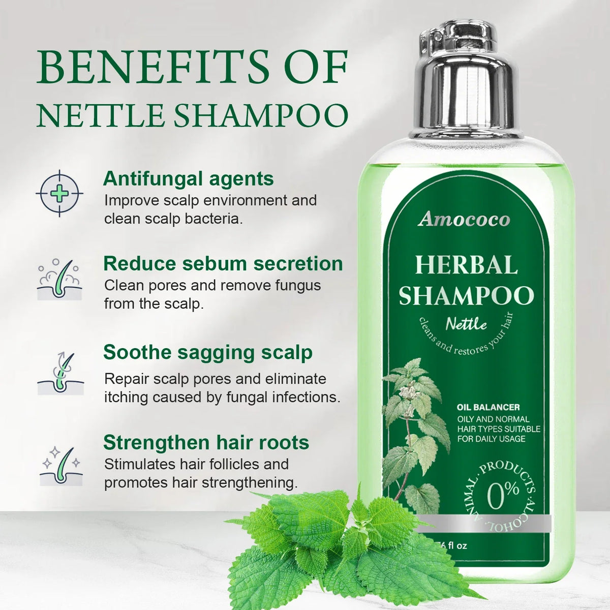 Amococo 3pcs Nettle Shampoo 220ml Each Oil Balancing Daily Hair Cleanser for Oily Normal Hair Purifying Scalp Care Gentle Formula
