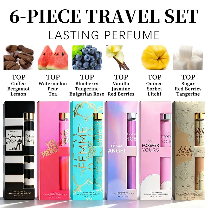 6-piece travel set, men's and women's eau de toilette spray, long-lasting fragrance, 6 different flavors, perfect for holiday gi