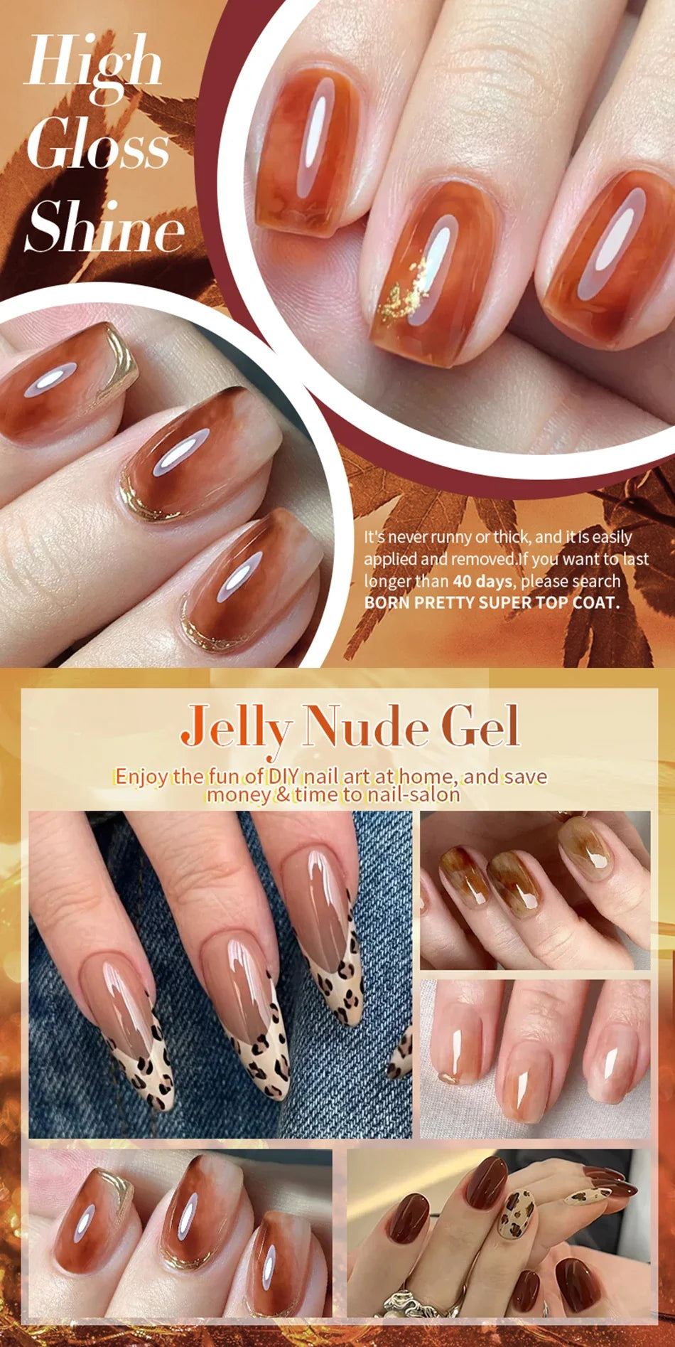 BORN PRETTY 10ml Translucent Color Gel Polish Jelly Nude Autumn Jelly Amber Semi Permanent UV Gel Nail Art Soak Off Gel Varnish