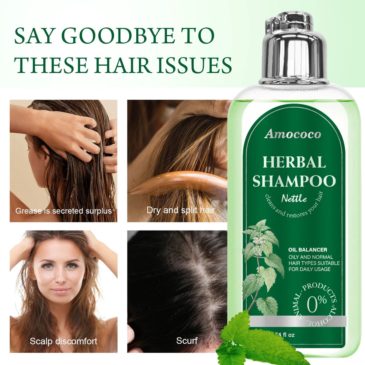 Amococo 3pcs Nettle Shampoo 220ml Each Oil Balancing Daily Hair Cleanser for Oily Normal Hair Purifying Scalp Care Gentle Formula