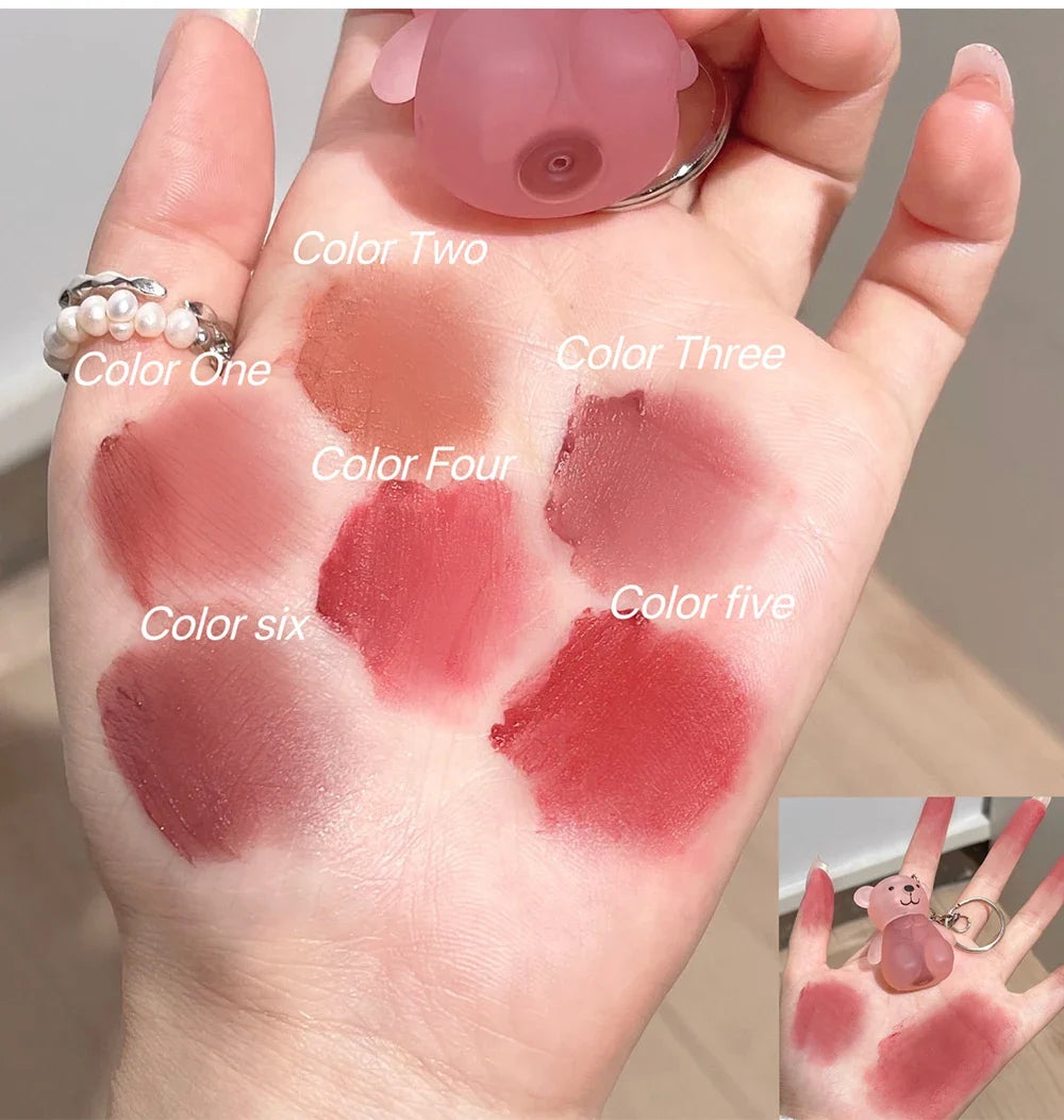 Cute Bear Velvet Lip Mud Keychain Matte Nude Red Lip Gloss Autumn Winter Non-stick Cup Lipstick Waterproof Lasting Lips Makeup