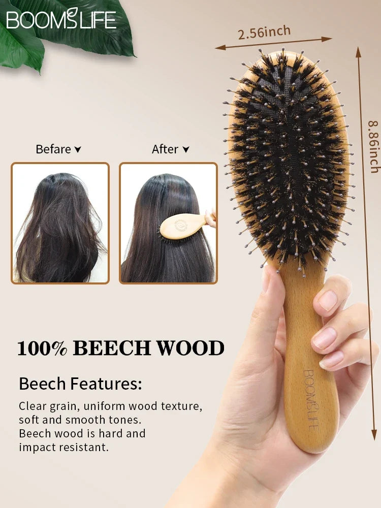 Custom Boar Bristle Hair Brush Women Hair Anti-Static Scalp Massage Comb Wood Hair Brush for Curly Thick Long Hair Detangler