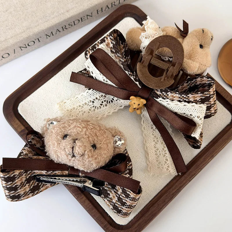 1pc Cartoon fabric teddy bear clip hair clip, new autumn and winter checkered bow headband, shark clip hair clip hair accessory