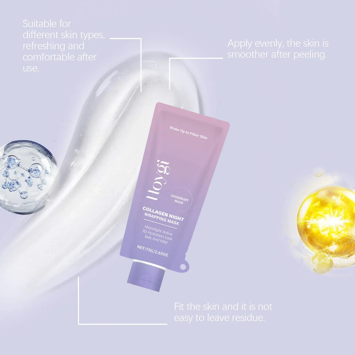 Collagen Night Wrapping Mask Firming Hydrating Glowing Skin Exfoliating Face Mask with Hyaluronic Acid for Deep Cleansing