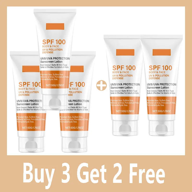Face & Body Sunscreen Non-Greasy SPF 100+ Facial Sunblock UVA & UVB Protection Sunblocking Cream Anti Aging for Summer Beach