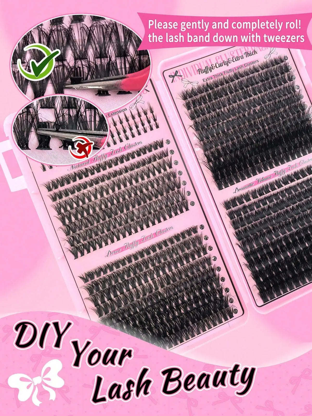 17 Pairs D Curl Cluster Eyelash Extensions, soft reusable fluffy thick upper & lower DIY individual lashes.