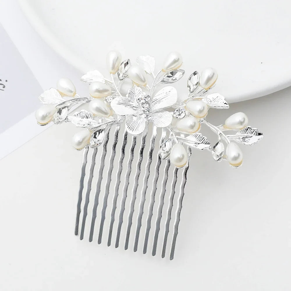 Floral Pearl Rhinestone Hair Comb Elegant Metal Leaf Bridal Hair Clip Pins Wedding Hair Accessory for Bride Updo Hairstyle