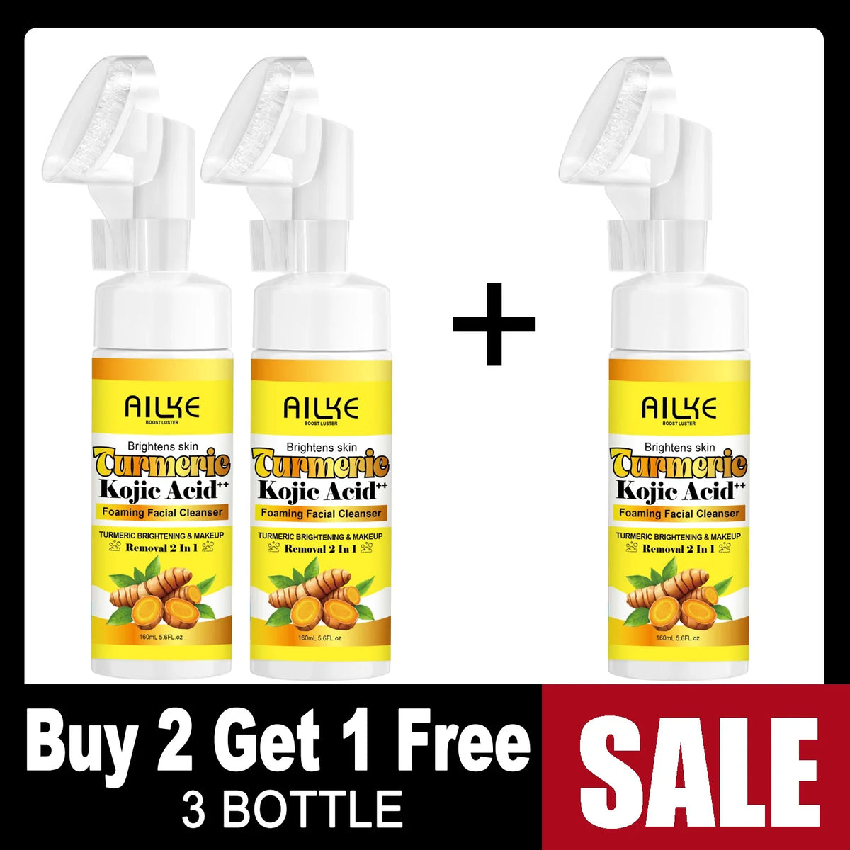 AILKE Brightening Foaming Facial Cleanser, With Natural Turmeric, Kojic Acid, Remove Makeup Residue and Acne, Clean Skin,160 ml