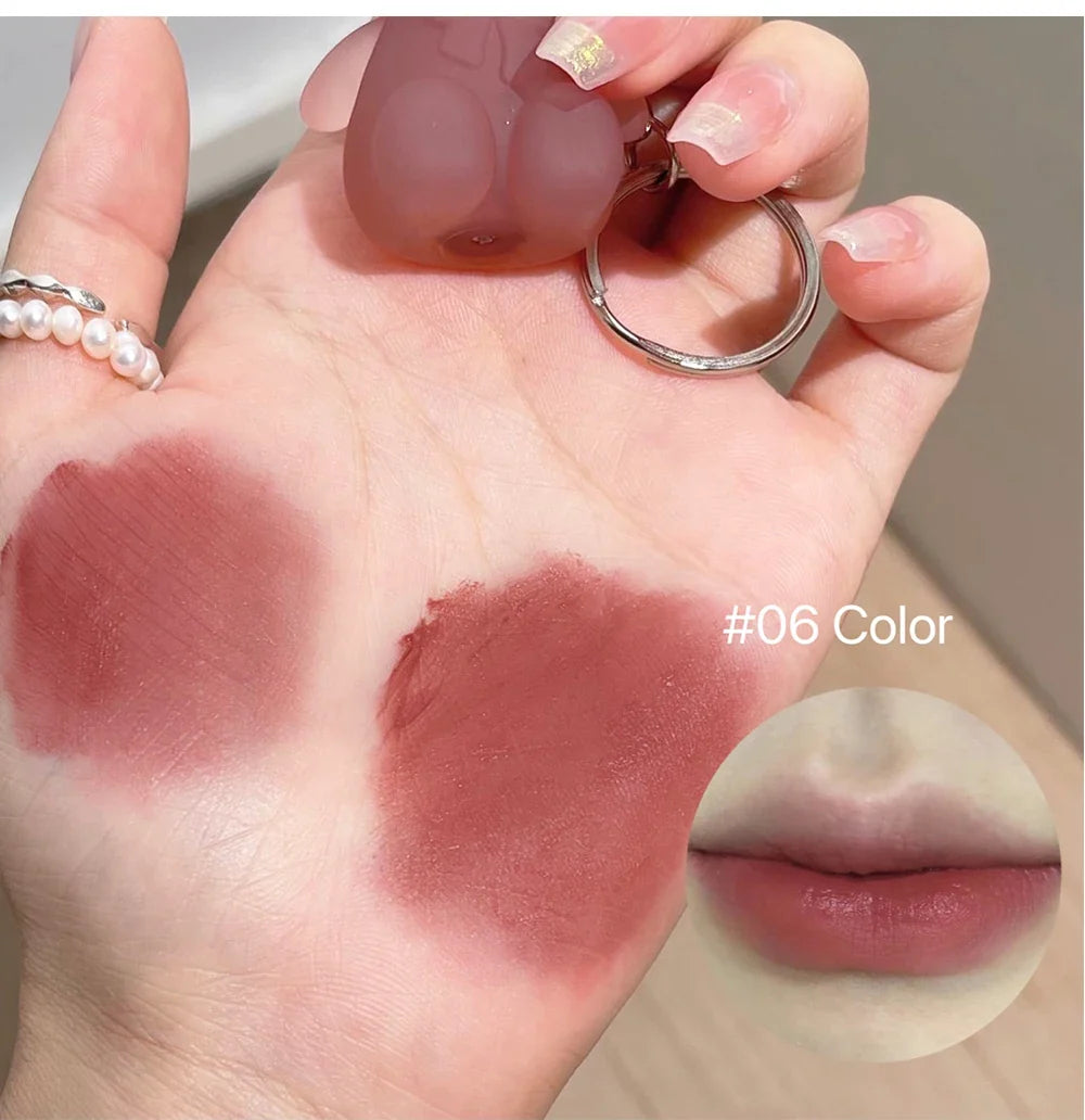 Cute Bear Velvet Lip Mud Keychain Matte Nude Red Lip Gloss Autumn Winter Non-stick Cup Lipstick Waterproof Lasting Lips Makeup