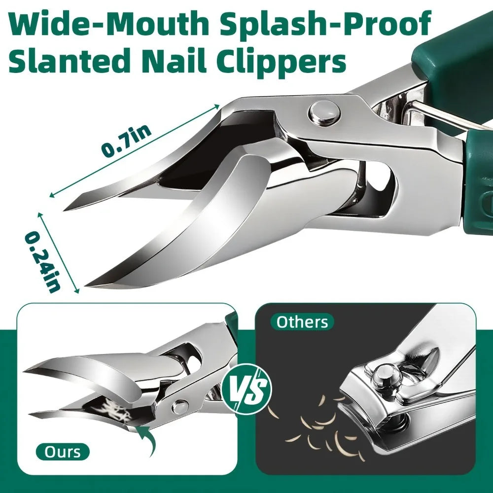 3pcs Stainless Steel Wide Jaw Opening Toenail Clippers Set Long Handle Angled Head Anti-Splash Design for Ingrown and Thick Toen