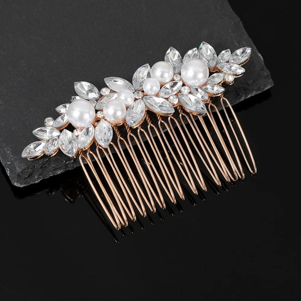 Floral Pearl Rhinestone Hair Comb Elegant Metal Leaf Bridal Hair Clip Pins Wedding Hair Accessory for Bride Updo Hairstyle