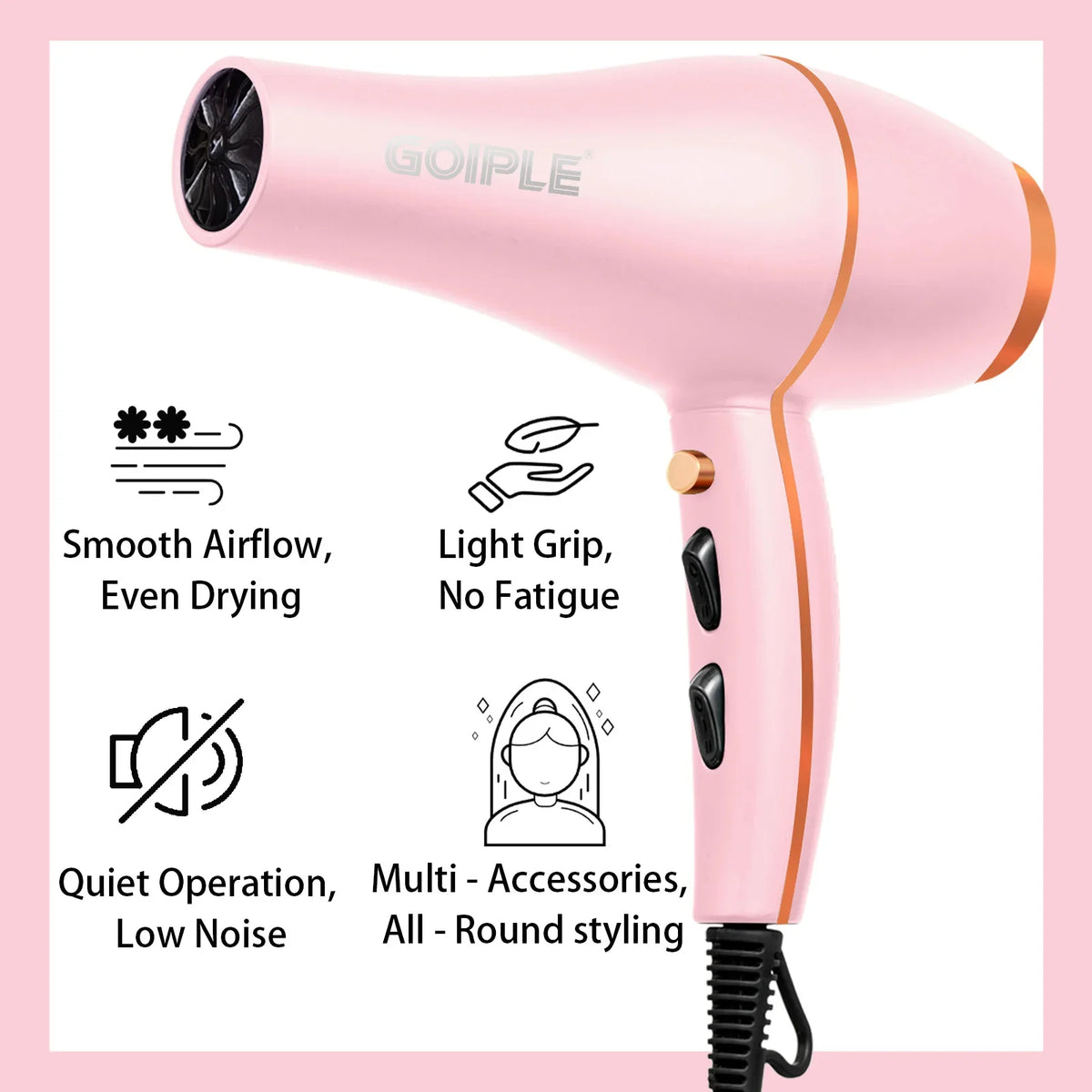 GOIPLE Blow Dryer Set with Multi-Accessories, Pink Hair Dryer with Round Brush and Attachments for All-Round Styling
