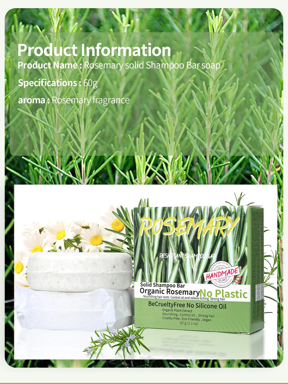 60g Natural Fragrance Rosemary Shampoo Soap, Handmade Soap Oil Control and Dandruff Removal Soap for Both Men and Women