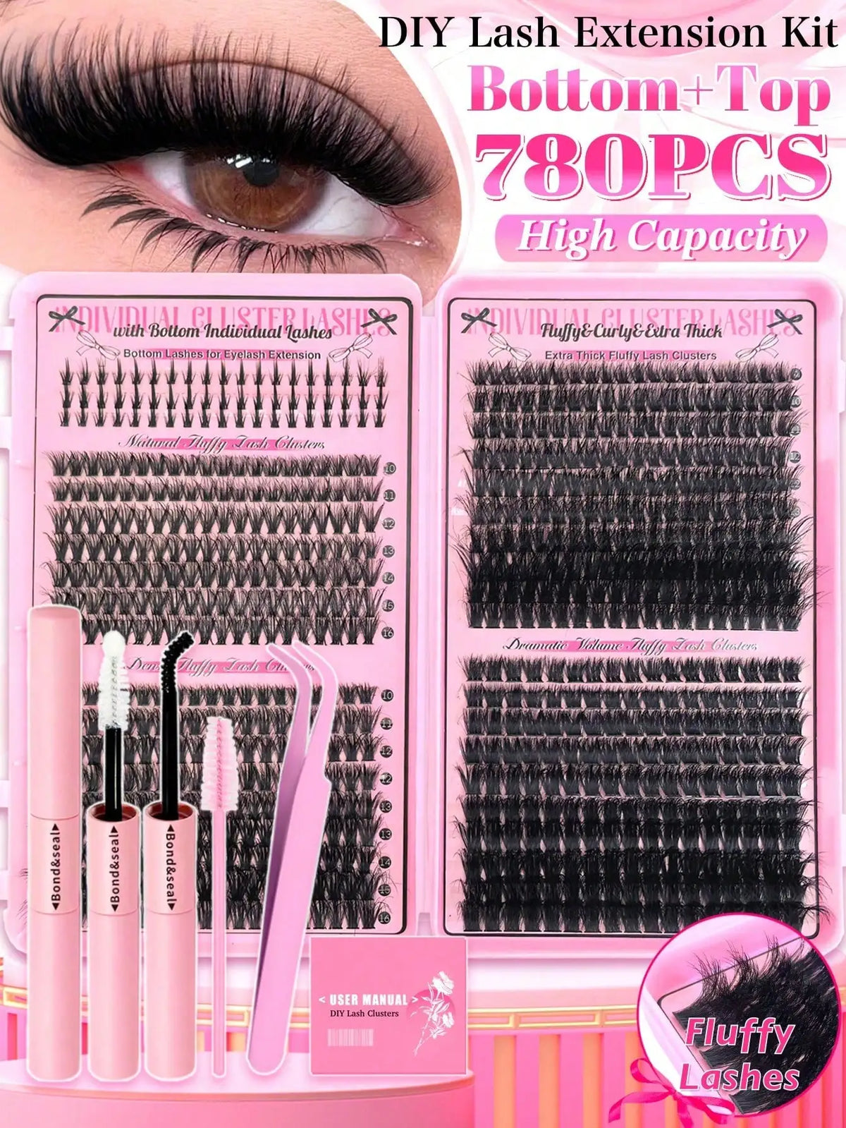 17 Pairs D Curl Cluster Eyelash Extensions, soft reusable fluffy thick upper & lower DIY individual lashes.