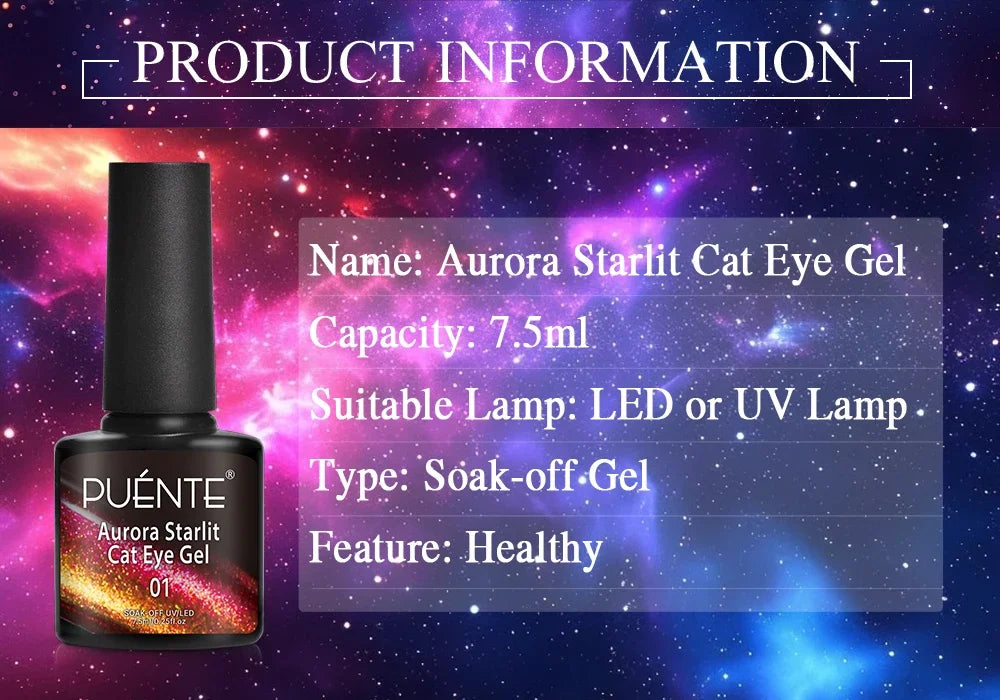 7.5ML Aurora Starlit Cat Eye Gel Nail Polish Rainbow Glitter Galaxy Cat Magnetic Nail Art Gel Soak Off UV Semi-Permanent Varnish