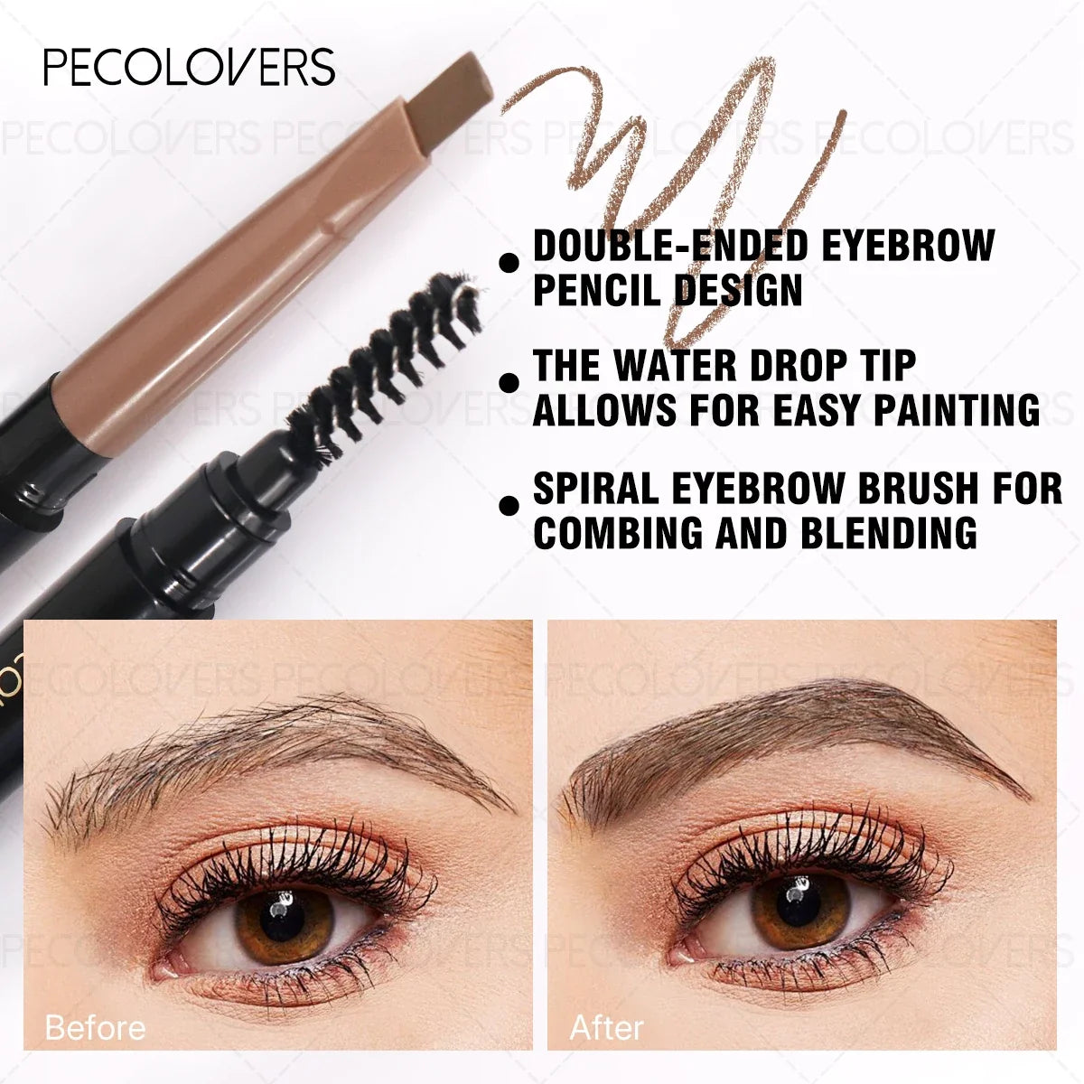 1Pc Pecolover Dual-Ended Eyebrow Pencils - Waterproof,Long-Lasting,Black, Gray, Dark Brown, Beginner-Friendly Eyebrow Pencils
