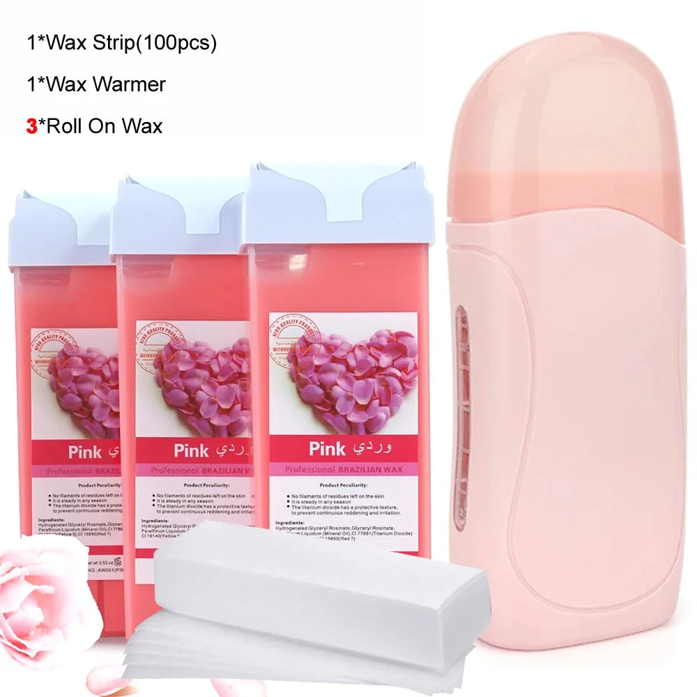 Epilatory Waxing Kit - Rose painless bikini wax Roll-On Wax Includes Heater Machine Refillable Wax And 100PCS Waxing Papers