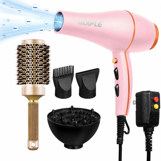 GOIPLE Blow Dryer Set with Multi-Accessories, Pink Hair Dryer with Round Brush and Attachments for All-Round Styling