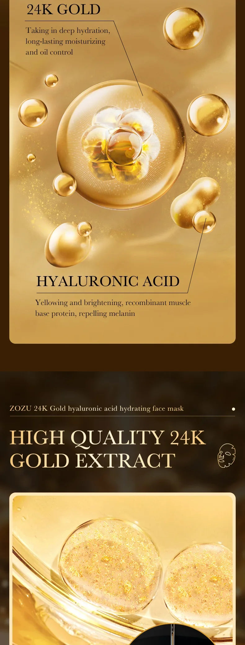 10pcs 24K Golden Hyaluronic Acid Face Mask Facial skincare Firming Moisturizing Hydrating Facial Masks Skin Care Products