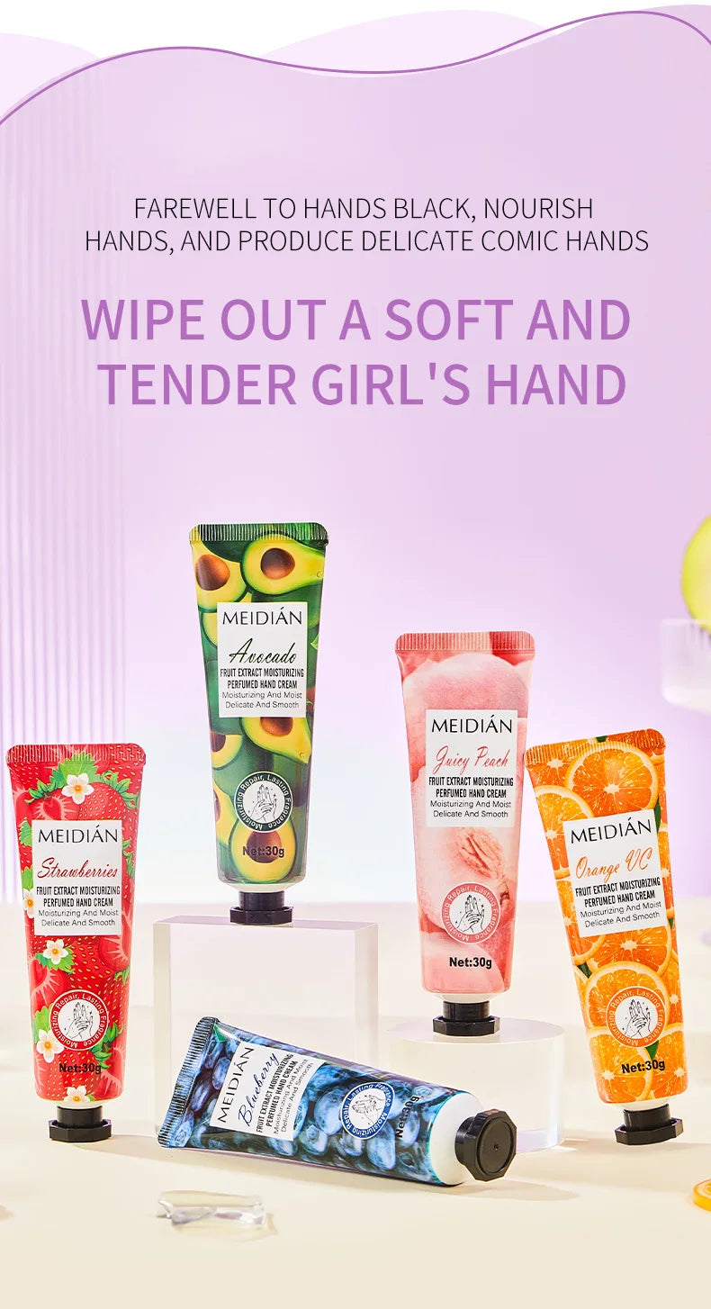 Five piece fruit scented hand cream for moisturizing and long-lasting fragrance retention. Hand care mask cream