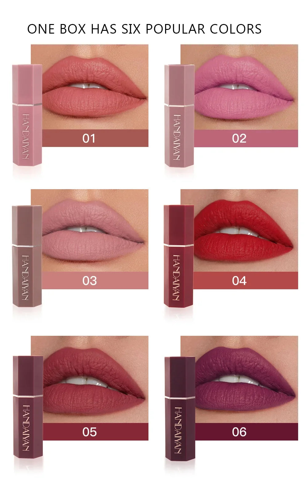 Handaiyan 6 Colors Matte Waterproof Velvet Nude Lipstick Sexy Red Brown Pigments Makeup Long Lasting Lipstick Woman