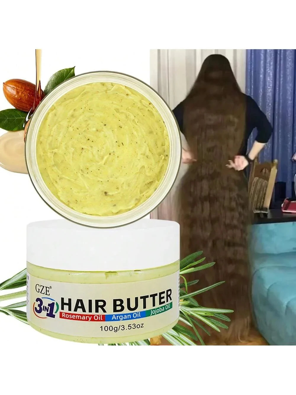 GZE 3 in 1 Hair Butter Nourishing Cream with Rosemary, Argan & Jojoba Oils for Deep Conditioning, Frizz Control, Stong Hair Root