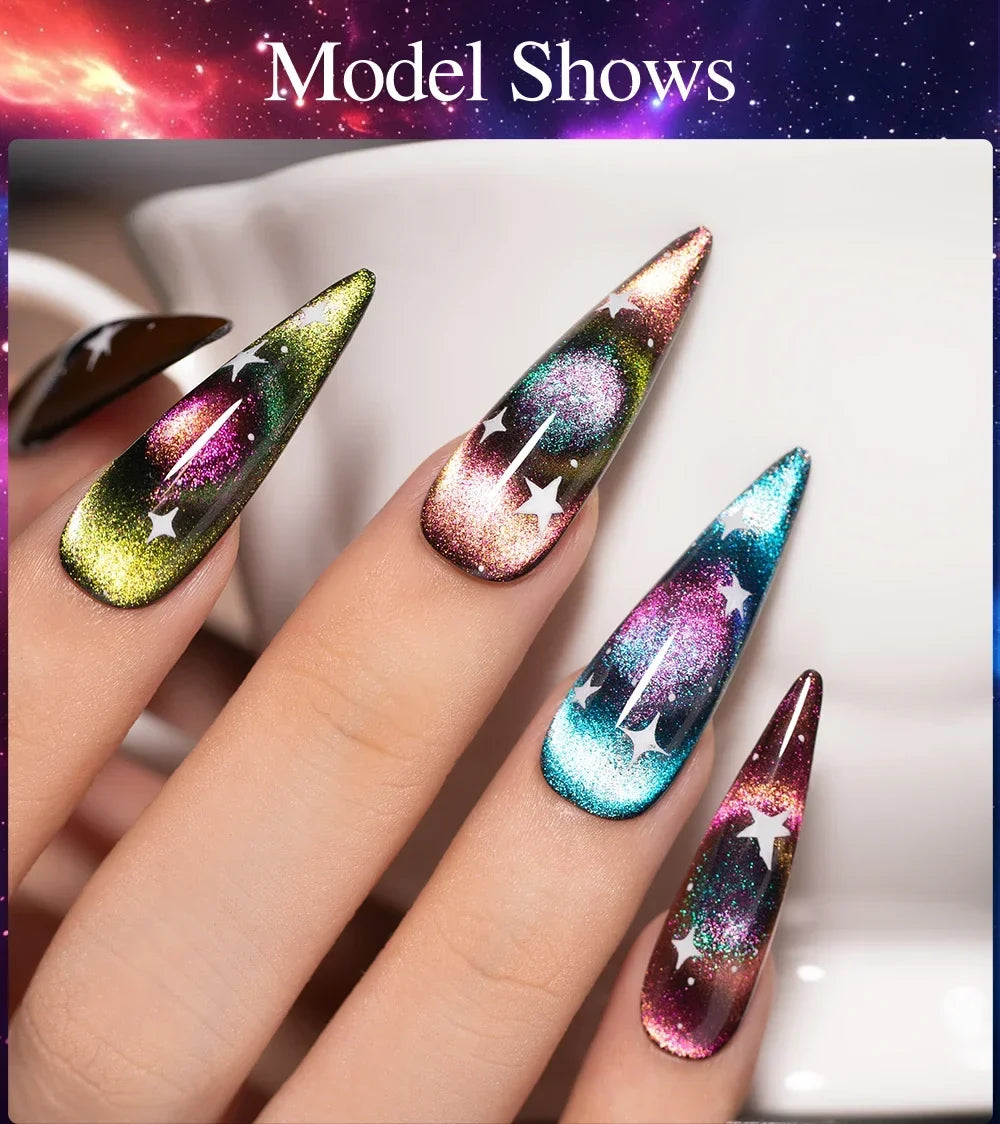 7.5ML Aurora Starlit Cat Eye Gel Nail Polish Rainbow Glitter Galaxy Cat Magnetic Nail Art Gel Soak Off UV Semi-Permanent Varnish