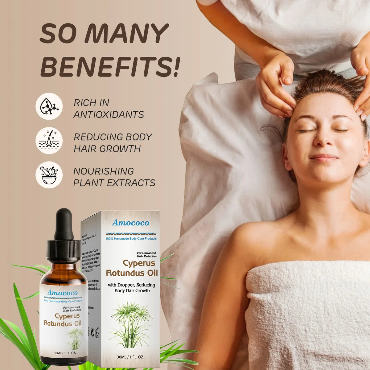Amococo 3/6pcs Cyperus Rotundus Oil 30ml Natural Body Face Moisturizing Oil with Dropper Helps Soothe Skin After Hair Removal Non-Greasy Hydrating Serum