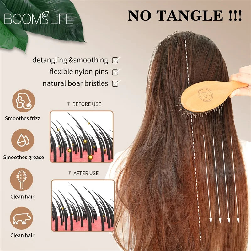 Custom Boar Bristle Hair Brush Women Hair Anti-Static Scalp Massage Comb Wood Hair Brush for Curly Thick Long Hair Detangler